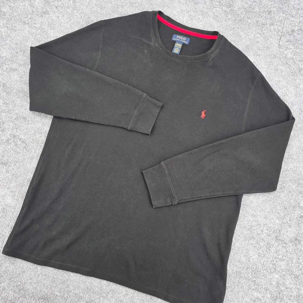 Polo Ralph Lauren Mens 2XL Black Waffle Knit Thermal Long Sleeve Shirt Red Pony